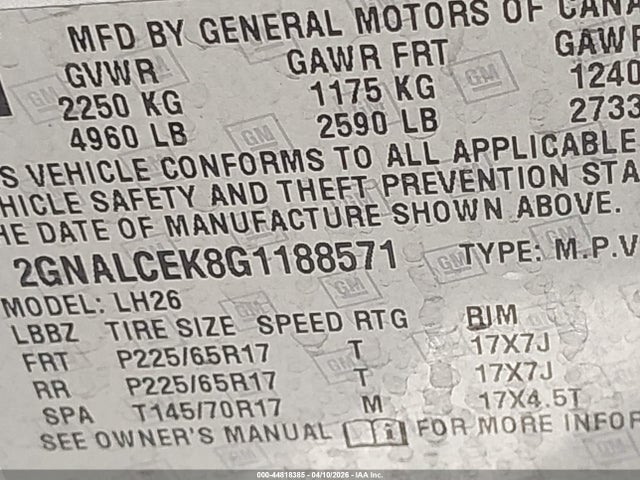 Auction sale of the 2016 Chevrolet Equinox Lt, vin: 2GNALCEK8G1188571, lot number: 44818385