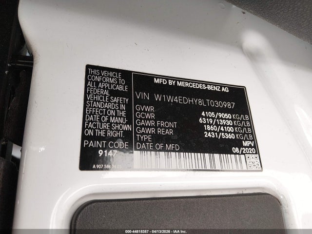 Aukcja sprzedaży 2020 Mercedes-benz Sprinter 2500 High Roof V6, vin: W1W4EDHY8LT030987, numer aukcji: 44818387