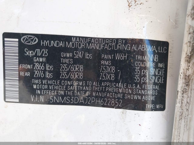 Aukcja sprzedaży 2023 Hyundai Santa Fe Sel, vin: 5NMS3DAJ2PH622852, numer aukcji: 44818394