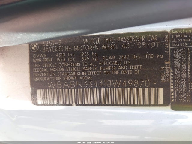 Продажа на аукционе авто 2001 Bmw 325ci, vin: WBABN33441JW49870, номер лота: 44818396