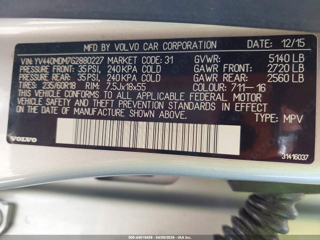 Aukcja sprzedaży 2016 Volvo Xc60 T5 Drive-e Platinum, vin: YV440MDM7G2880227, numer aukcji: 44818409