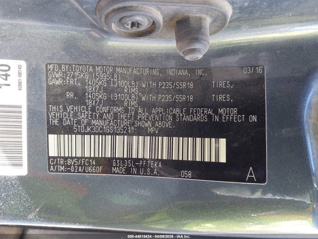 5TDJK3DC1GS135211 Toyota Sienna Le 7 Passenger