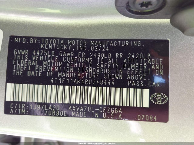 44818440 :رقم المزاد ، 4T1F11AK4RU248444 vin ، 2024 Toyota Camry Xle مزاد بيع