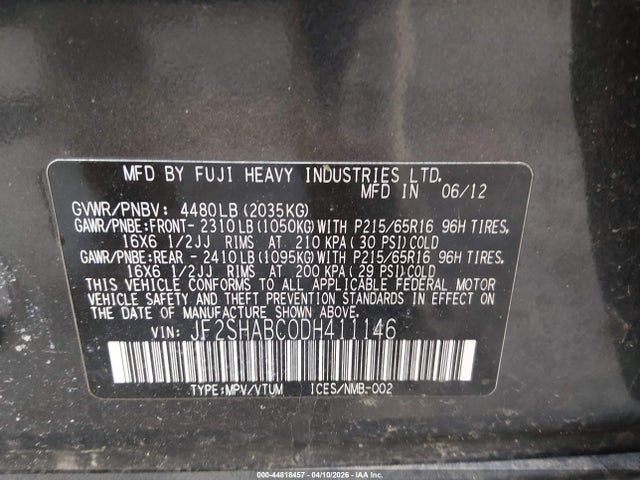 Aukcja sprzedaży 2013 Subaru Forester 2.5x, vin: JF2SHABC0DH411146, numer aukcji: 44818457