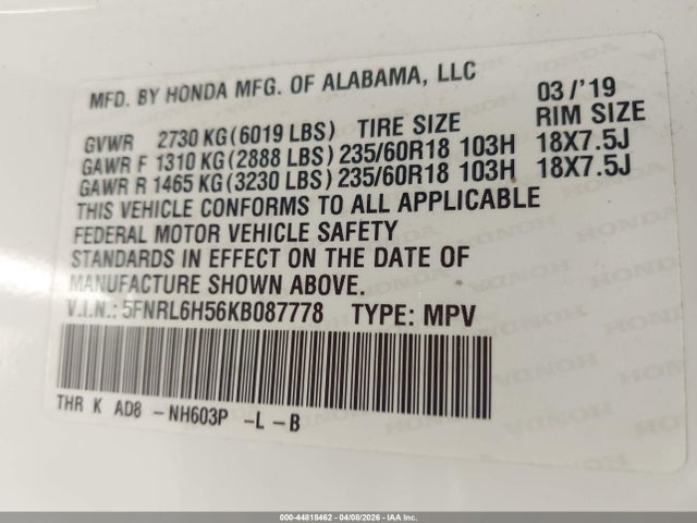 2019 Honda Odyssey Ex მანქანა იყიდება აუქციონზე, vin: 5FNRL6H56KB087778, აუქციონის ნომერი: 44818462