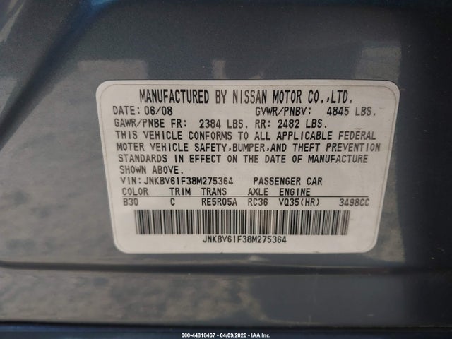 2008 Infiniti G35x მანქანა იყიდება აუქციონზე, vin: JNKBV61F38M275364, აუქციონის ნომერი: 44818467