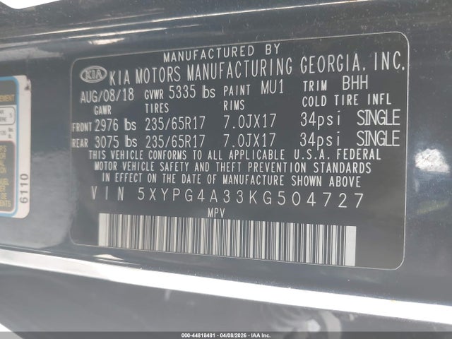 Aukcja sprzedaży 2019 Kia Sorento 2.4l Lx, vin: 5XYPG4A33KG504727, numer aukcji: 44818481