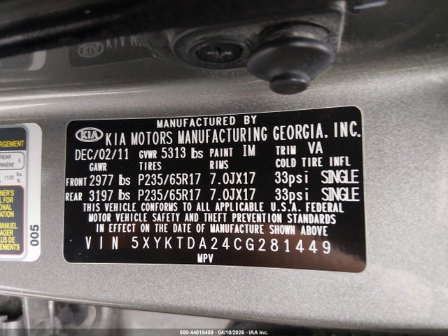 2012 Kia Sorento Lx V6 მანქანა იყიდება აუქციონზე, vin: 5XYKTDA24CG281449, აუქციონის ნომერი: 44818489