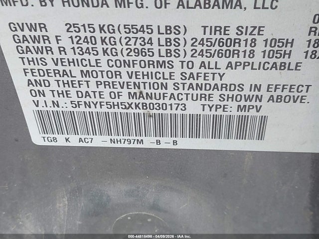 Продажа на аукционе авто 2019 Honda Pilot Ex-l, vin: 5FNYF5H5XKB030173, номер лота: 44818498