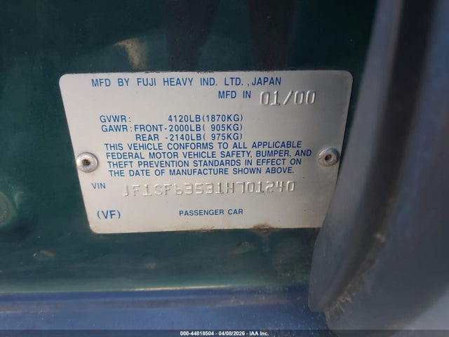 2001 Subaru Forester L მანქანა იყიდება აუქციონზე, vin: JF1SF63531H701240, აუქციონის ნომერი: 44818504