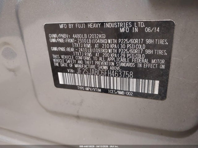 Aukcja sprzedaży 2015 Subaru Forester 2.5i, vin: JF2SJABC6FH463758, numer aukcji: 44818529