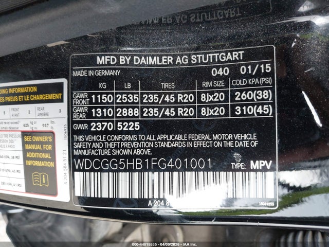 44818535 :رقم المزاد ، WDCGG5HB1FG401001 vin ، 2015 Mercedes-benz Glk 350 مزاد بيع
