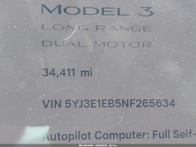 Tesla Model 3 Long Range Dual Motor All-wheel Drive 2022 5YJ3E1EB5NF265634 Image 15