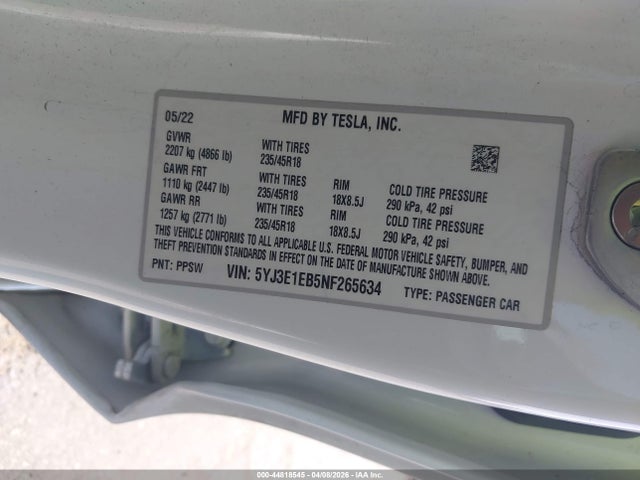 Tesla Model 3 Long Range Dual Motor All-wheel Drive 2022 5YJ3E1EB5NF265634 Image 9