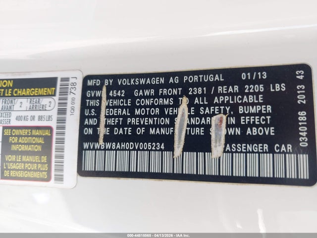 Aukcja sprzedaży 2013 Volkswagen Eos Sport, vin: WVWBW8AH0DV005234, numer aukcji: 44818565