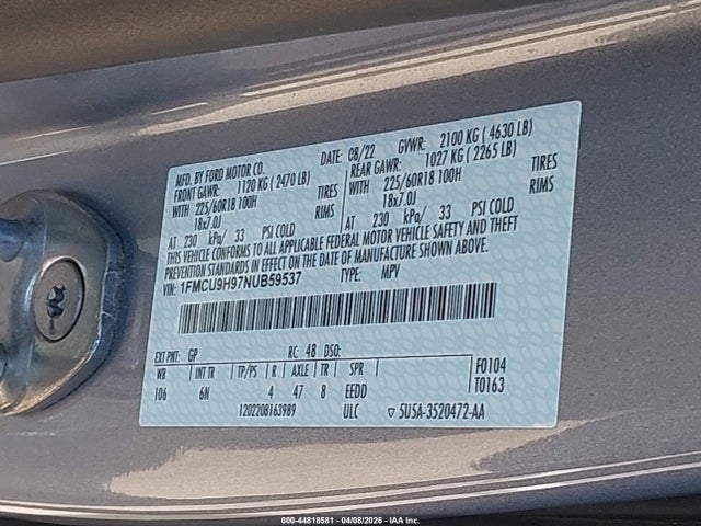 2022 Ford Escape Sel მანქანა იყიდება აუქციონზე, vin: 1FMCU9H97NUB59537, აუქციონის ნომერი: 44818581