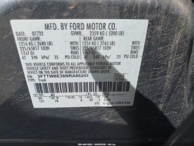 44818582 :رقم المزاد ، 3FTTW8E38NRA86243 vin ، 2022 Ford Maverick Xlt مزاد بيع
