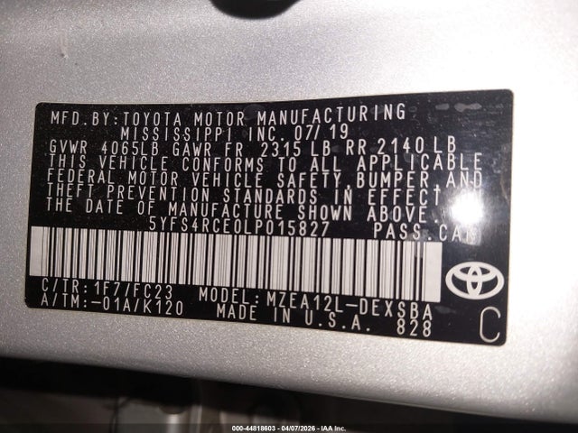 2020 Toyota Corolla Se მანქანა იყიდება აუქციონზე, vin: 5YFS4RCE0LP015827, აუქციონის ნომერი: 44818603