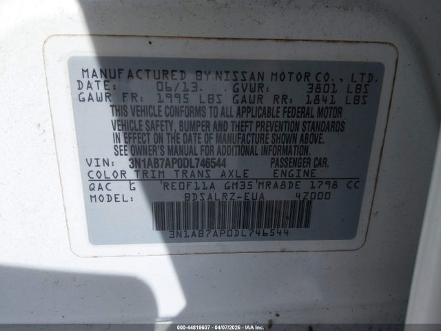 2013 Nissan Sentra Sr მანქანა იყიდება აუქციონზე, vin: 3N1AB7AP0DL746544, აუქციონის ნომერი: 44818607