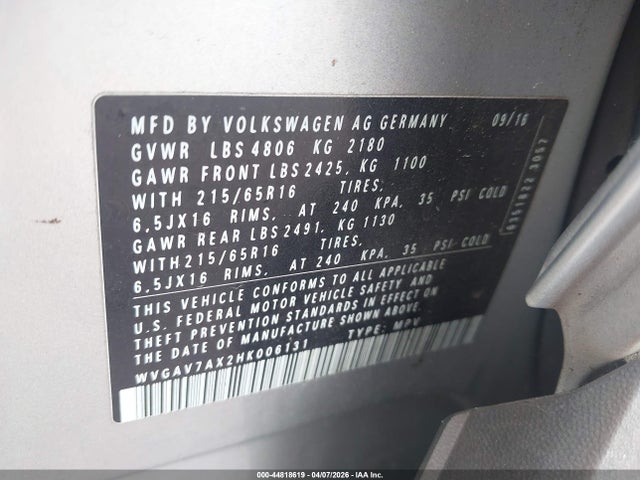 Продажа на аукционе авто 2017 Volkswagen Tiguan 2.0t/2.0t S, vin: WVGAV7AX2HK006131, номер лота: 44818619
