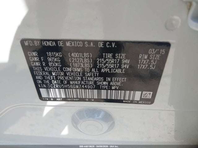 Aukcja sprzedaży 2016 Honda Hr-v Ex, vin: 3CZRU5H56GM744907, numer aukcji: 44818625