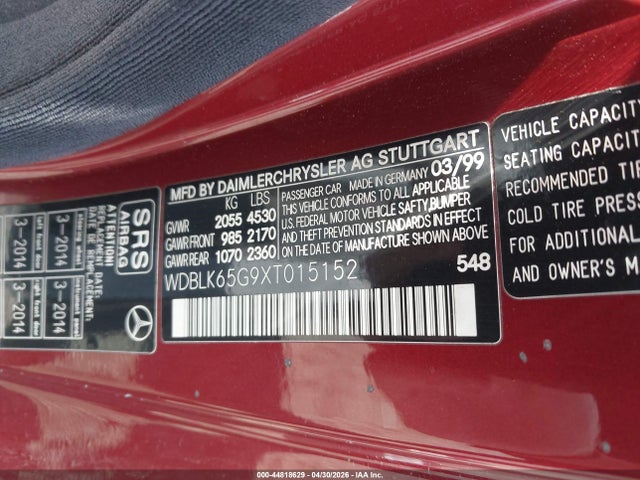Aukcja sprzedaży 1999 Mercedes-benz Clk 320, vin: WDBLK65G9XT015152, numer aukcji: 44818629