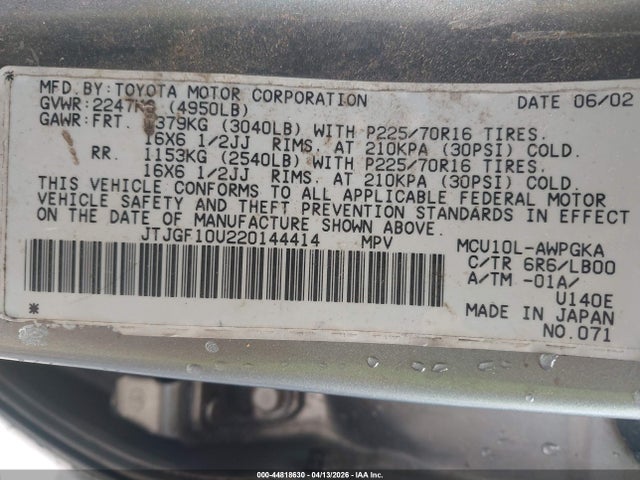 44818630 :رقم المزاد ، JTJGF10U220144414 vin ، 2002 Lexus Rx 300 مزاد بيع