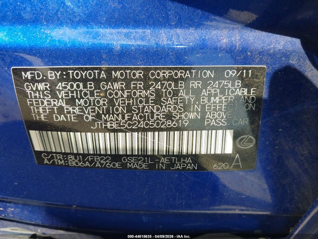 44818635 :رقم المزاد ، JTHBE5C24C5028619 vin ، 2012 Lexus Is 350 مزاد بيع
