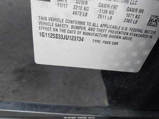 Aukcja sprzedaży 2018 Chevrolet Impala 2lz, vin: 1G1125S33JU123734, numer aukcji: 44818640