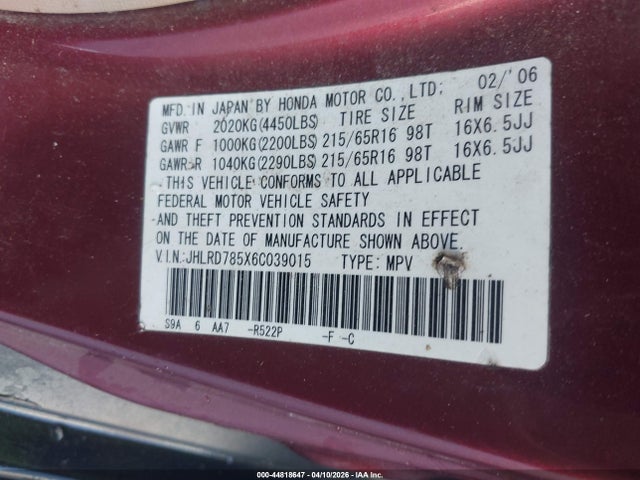 2006 HONDA CR-V JHLRD785X6C039015 Photo 8
