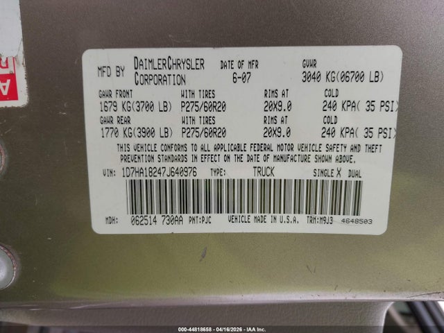 44818658 :رقم المزاد ، 1D7HA18247J640976 vin ، 2007 Dodge Ram 1500 Slt مزاد بيع