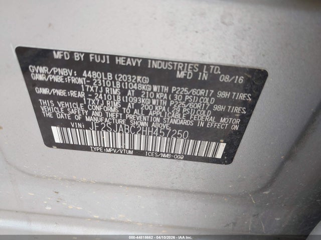 Aukcja sprzedaży 2017 Subaru Forester 2.5i, vin: JF2SJABC2HH457250, numer aukcji: 44818662
