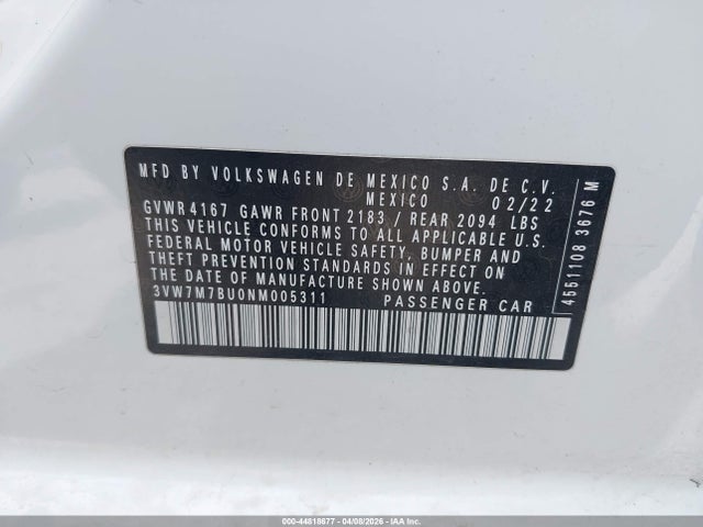 Продаж на аукціоні авто 2022 Volkswagen Jetta 1.5t Se, vin: 3VW7M7BU0NM005311, номер лоту: 44818677