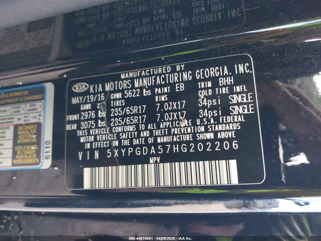 Продажа на аукционе авто 2017 Kia Sorento 3.3l Lx, vin: 5XYPGDA57HG202206, номер лота: 44818681
