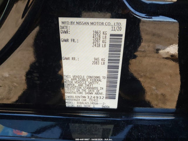 Продаж на аукціоні авто 2021 Nissan Altima Sv Fwd, vin: 1N4BL4DV7MN324932, номер лоту: 44818687