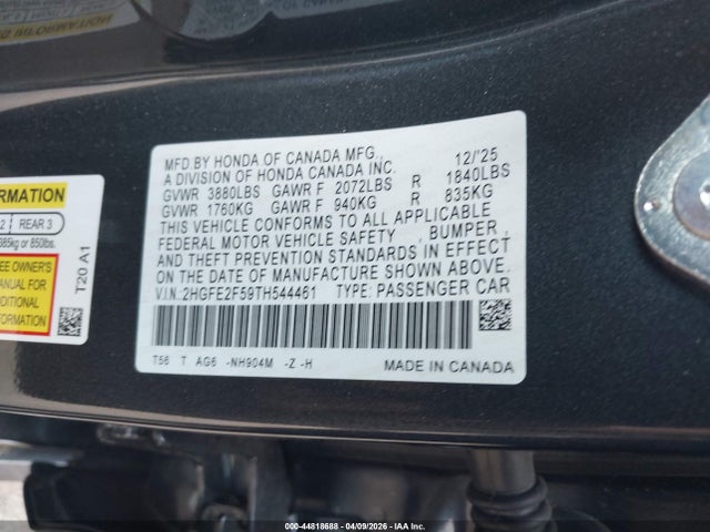 44818688 :رقم المزاد ، 2HGFE2F59TH544461 vin ، 2026 Honda Civic Sport مزاد بيع