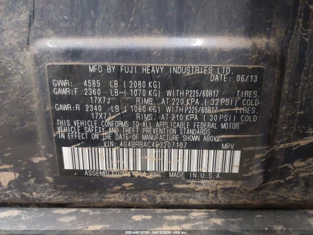 44818705 :رقم المزاد ، 4S4BRBAC4E3207107 vin ، 2014 Subaru Outback 2.5i مزاد بيع