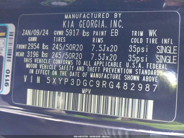 44818709 :رقم المزاد ، 5XYP3DGC9RG482987 vin ، 2024 Kia Telluride Ex X-line مزاد بيع