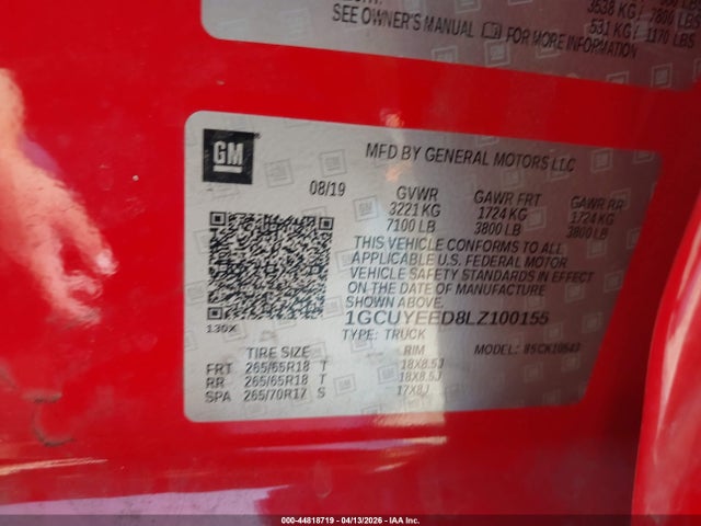 44818719 :رقم المزاد ، 1GCUYEED8LZ100155 vin ، 2020 Chevrolet Silverado 1500 4wd  Short Bed Rst مزاد بيع