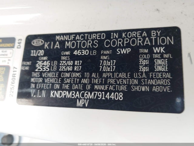 Aukcja sprzedaży 2021 Kia Sportage Lx, vin: KNDPM3AC6M7914408, numer aukcji: 44818720