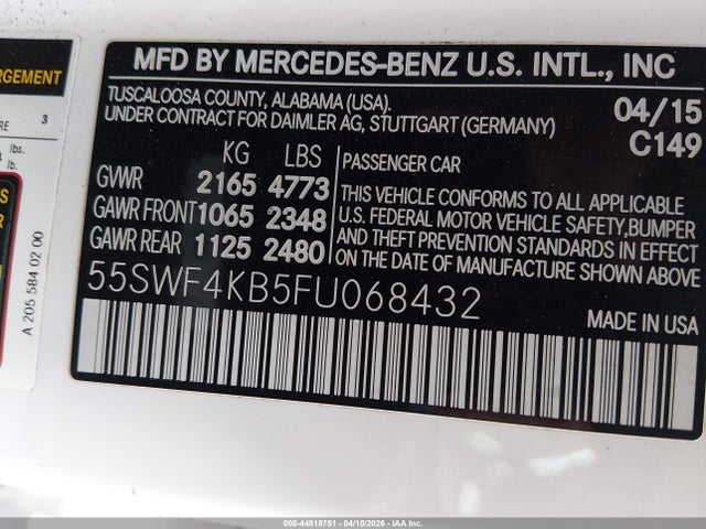 Aukcja sprzedaży 2015 Mercedes-benz C 300 4matic, vin: 55SWF4KB5FU068432, numer aukcji: 44818751