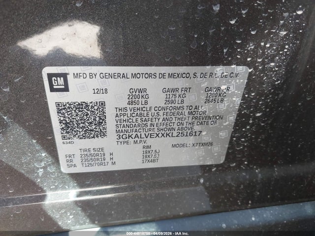 2019 Gmc Terrain Slt მანქანა იყიდება აუქციონზე, vin: 3GKALVEXXKL251617, აუქციონის ნომერი: 44818758