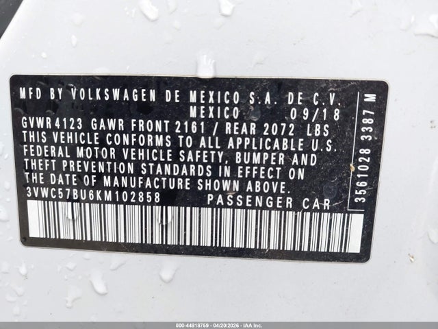 44818759 :رقم المزاد ، 3VWC57BU6KM102858 vin ، 2019 Volkswagen Jetta 1.4t R-line/1.4t S/1.4t Se مزاد بيع