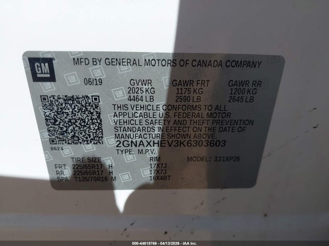 Aukcja sprzedaży 2019 Chevrolet Equinox Ls, vin: 2GNAXHEV3K6303603, numer aukcji: 44818766