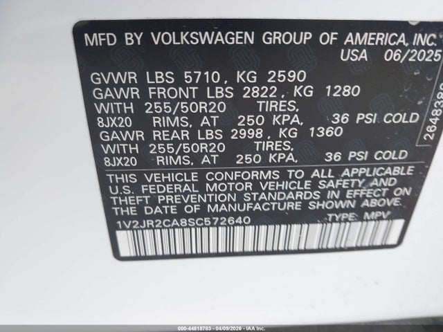 44818783 :رقم المزاد ، 1V2JR2CA8SC572640 vin ، 2025 Volkswagen Atlas 2.0t Se W/technology مزاد بيع