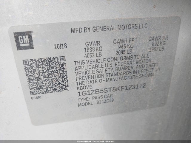 Продаж на аукціоні авто 2019 Chevrolet Malibu 1ls, vin: 1G1ZB5ST8KF123172, номер лоту: 44818804