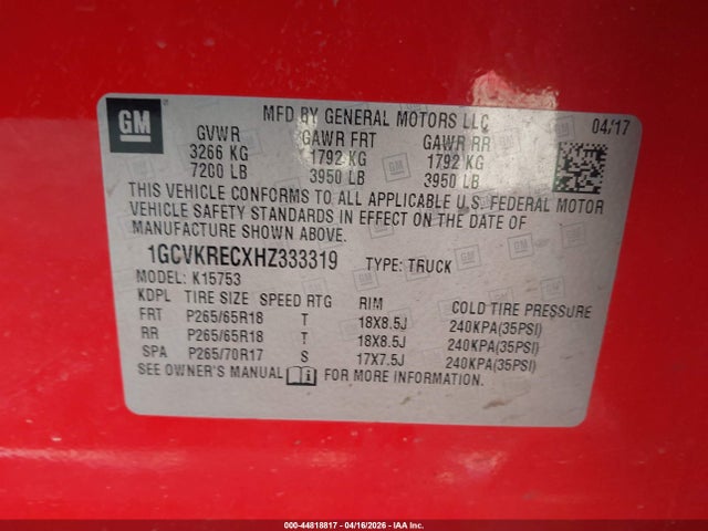 44818817 :رقم المزاد ، 1GCVKRECXHZ333319 vin ، 2017 Chevrolet Silverado 1500 2lt مزاد بيع