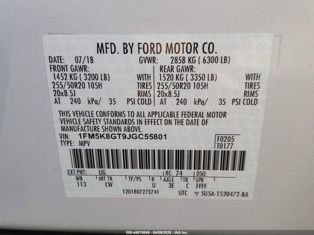 1FM5K8GT9JGC55801 Ford EXPLORER SPORT