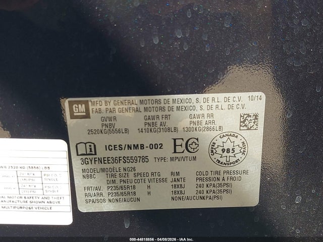 44818856 :رقم المزاد ، 3GYFNEE36FS559785 vin ، 2015 Cadillac Srx Luxury Collection مزاد بيع