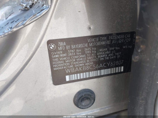 44818861 :رقم المزاد ، WBAKB8C56ACY62807 vin ، 2010 Bmw 750li مزاد بيع